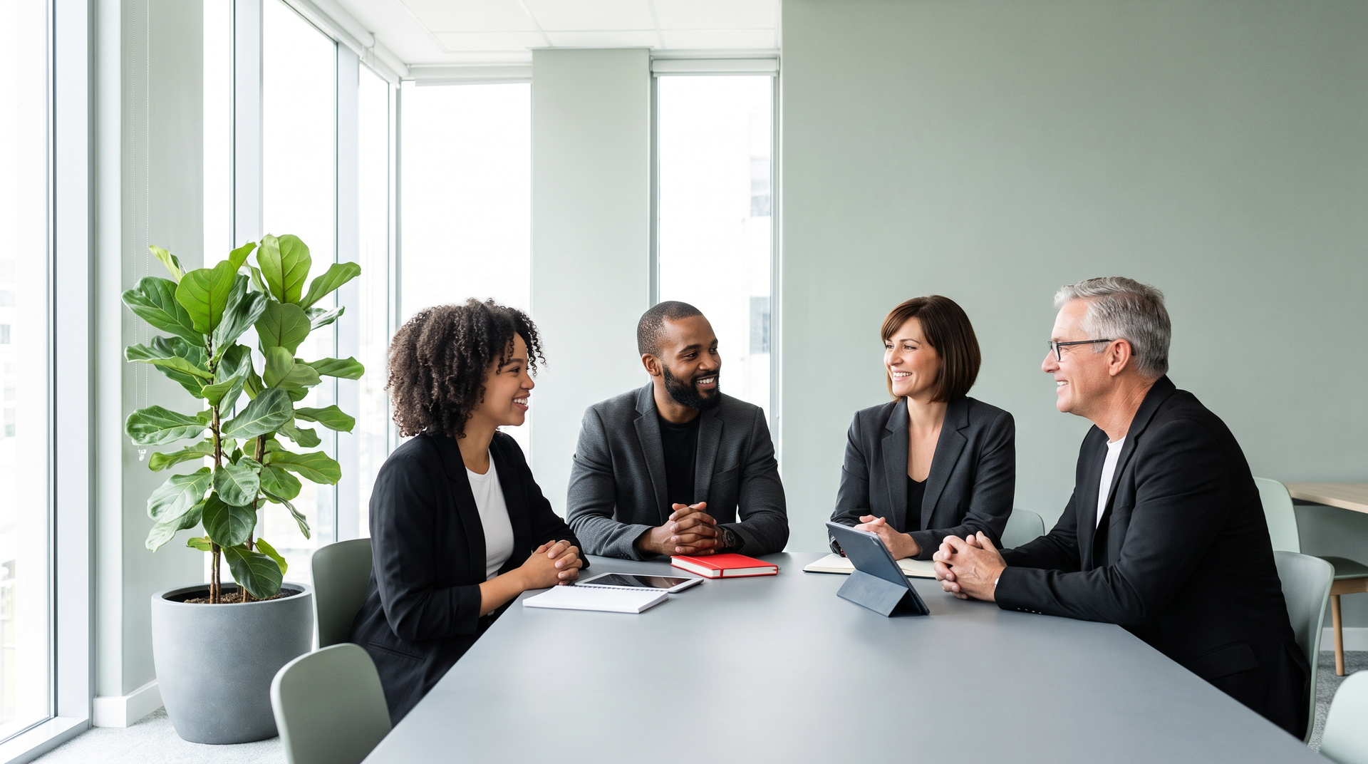 Hiring manager and candidate shaking hands at the end of an interview across an oak table in a sunlit, plant-filled South African office