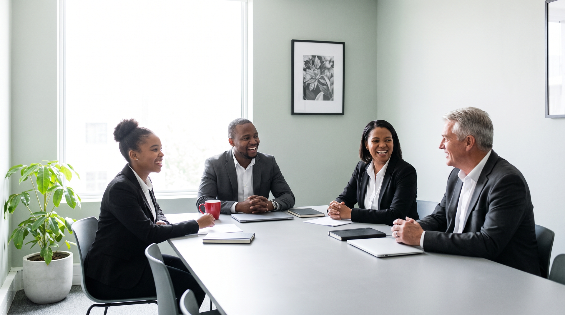 Four South African colleagues spanning several generations in open discussion around an oak table in a plant-filled office
